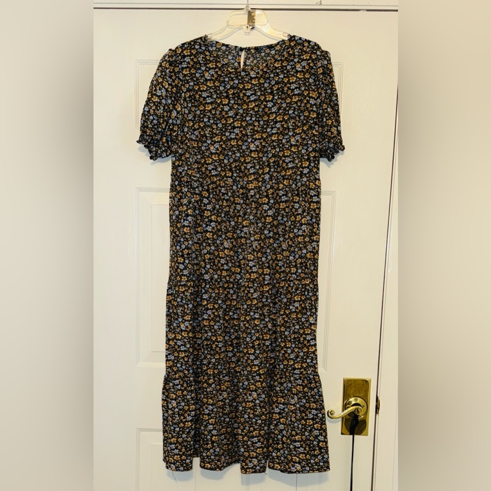 Navy Floral Midi Dress with Blue and Tan Flowers sz XL